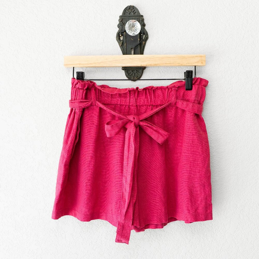 Mosaic & Co Linen Blend Shorts Large Pink Tie Waist Paperbag Elastic Summer